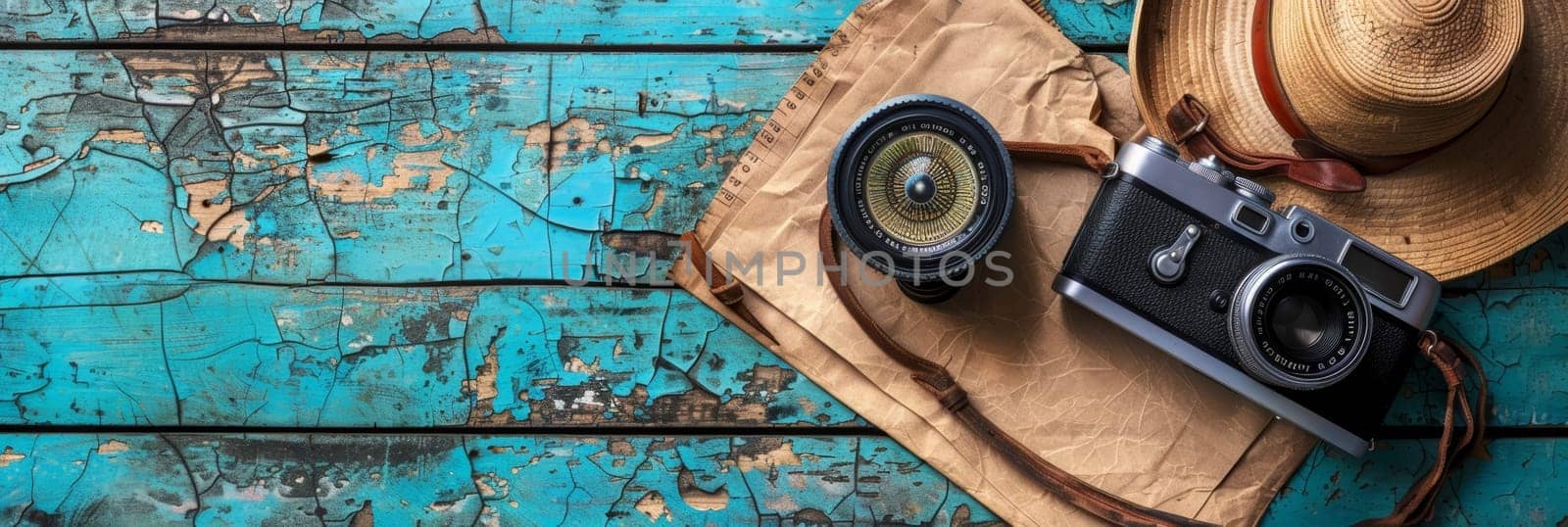 A vintage camera and compass rest atop a weathered map, evoking a sense of adventure and exploration through travel with copy space.