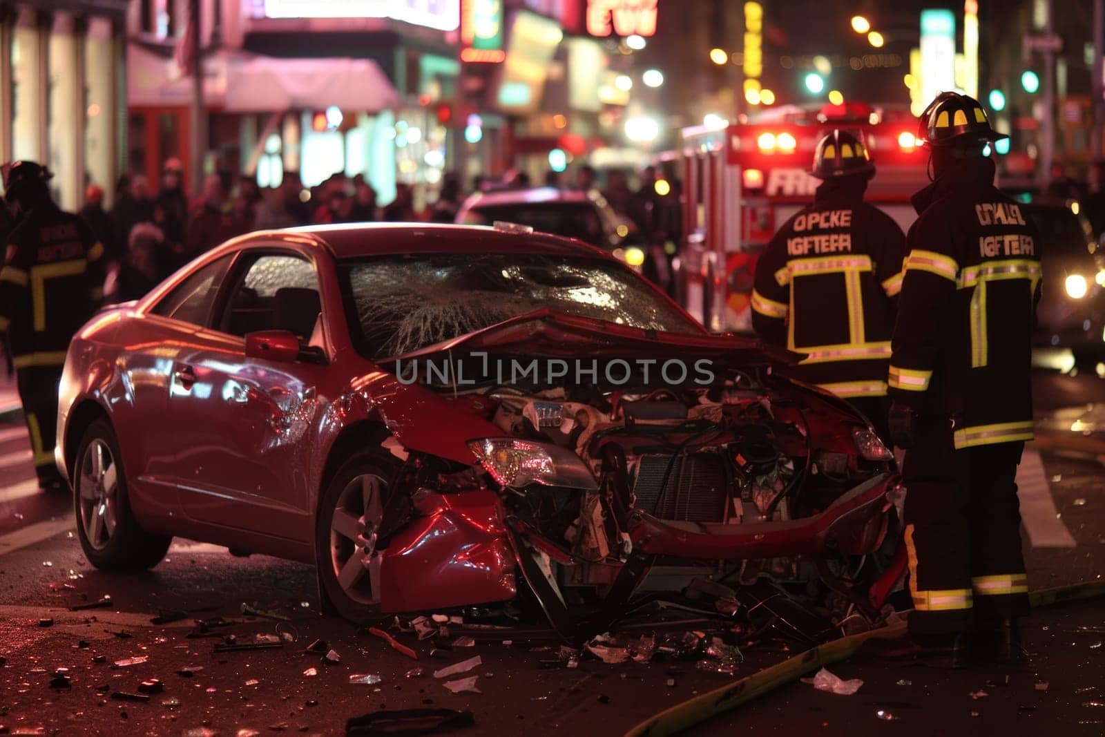 A severely damaged red car lies in the middle of a busy city street, surrounded by emergency responders and onlookers, highlighting the aftermath of a serious traffic collision at night