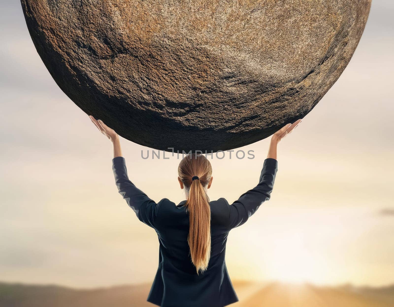 Businesswoman lifting and holding a big boulder above head. Solving an immense business task, symbol of strength and perseverance. Standing up to troubles, burden concept