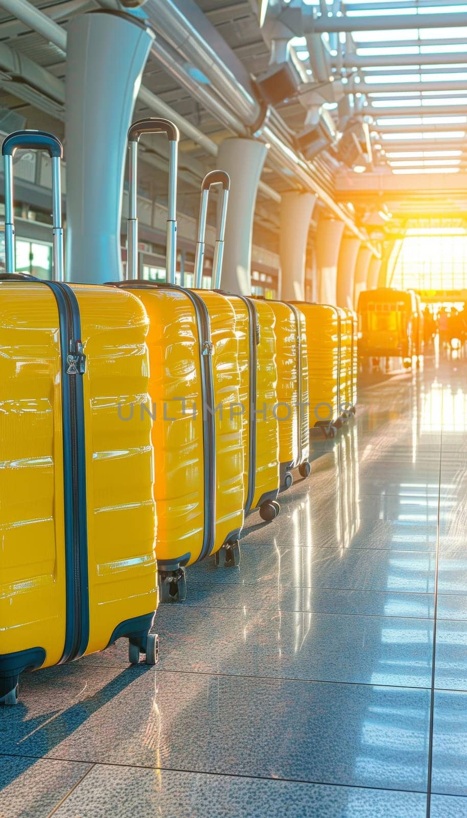 Rows of bright yellow suitcases and bags stand ready in a modern airport terminal, creating a vibrant and organized scene as travelers prepare for their journeys