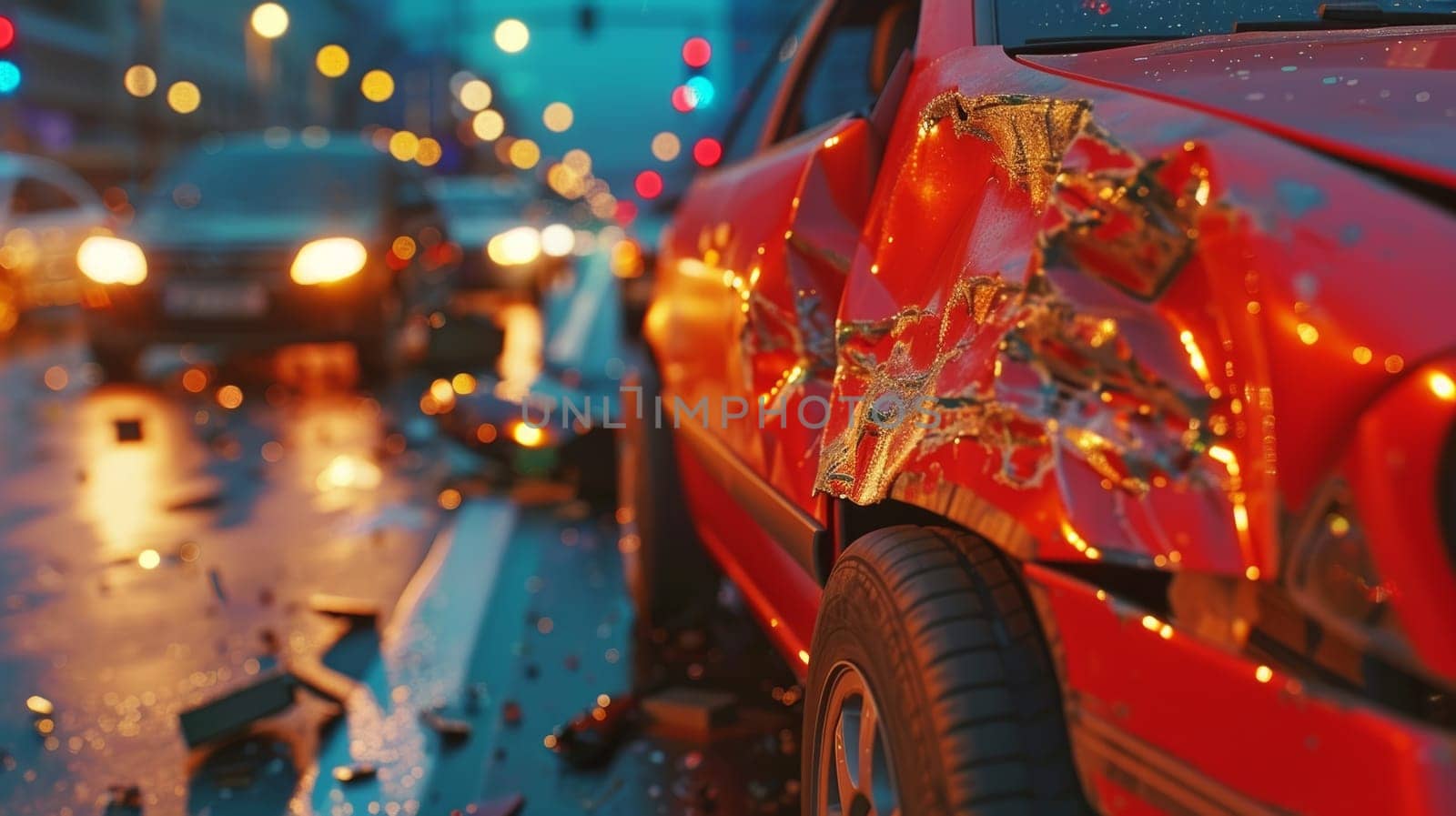 A vibrant red vintage car is adorned with sparkling gold accents, surrounded by a dazzling display of colorful holiday lights in a nighttime city setting