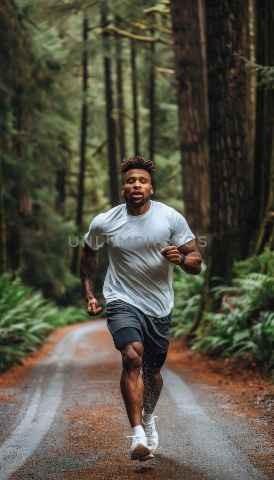 A fit, athletic man jogs through a dense, verdant forest, embodying the tranquility and rejuvenation of outdoor exercise.