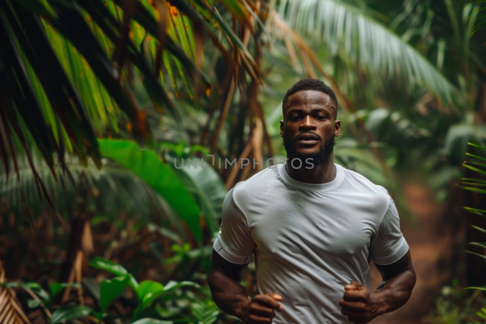 A fit, athletic man jogs through a lush, autumnal forest, surrounded by the warm, golden hues of the changing leaves