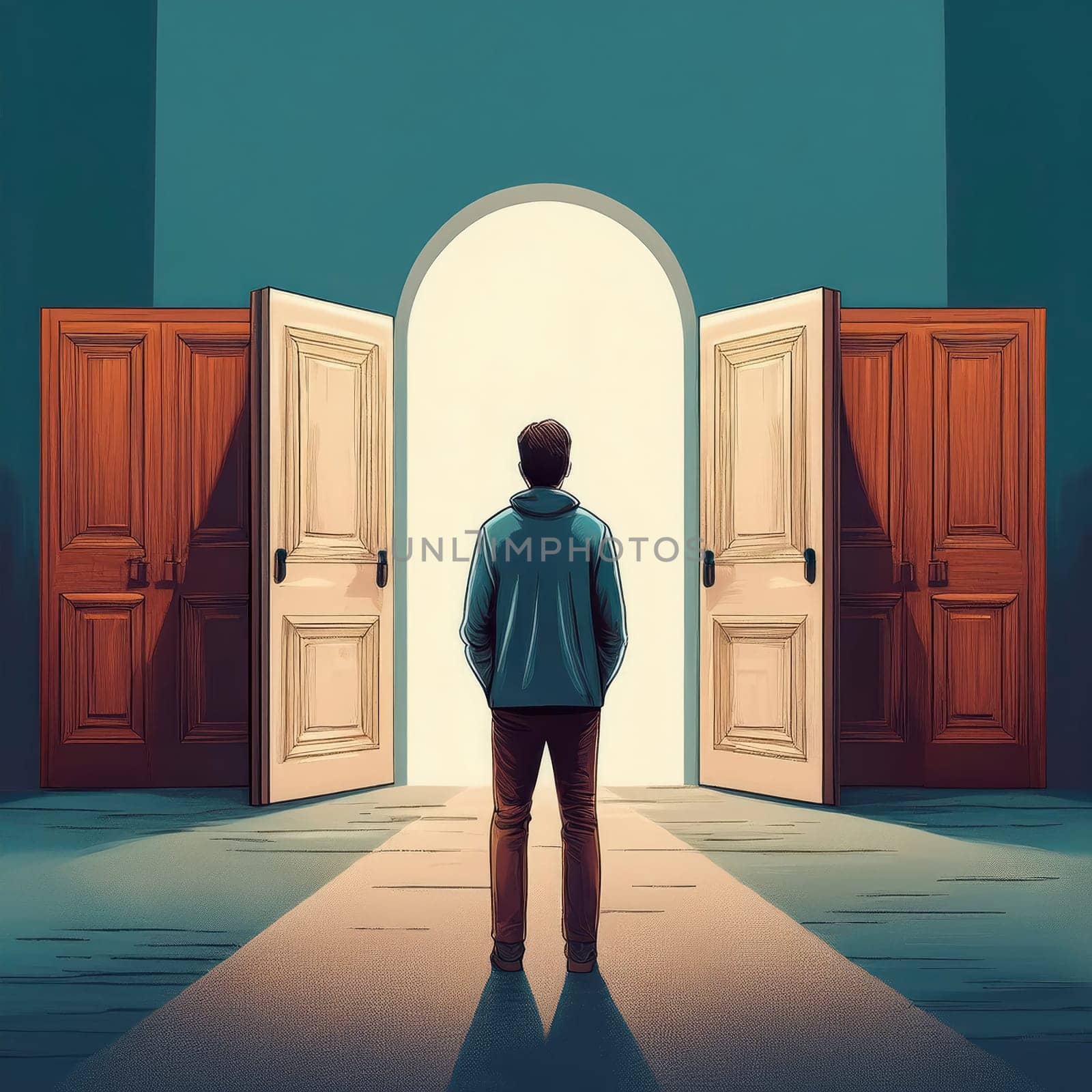 Rear view man in front of multiple doors choosing the one from the middle. Difficult decision for different paths and opportunities, choice concept