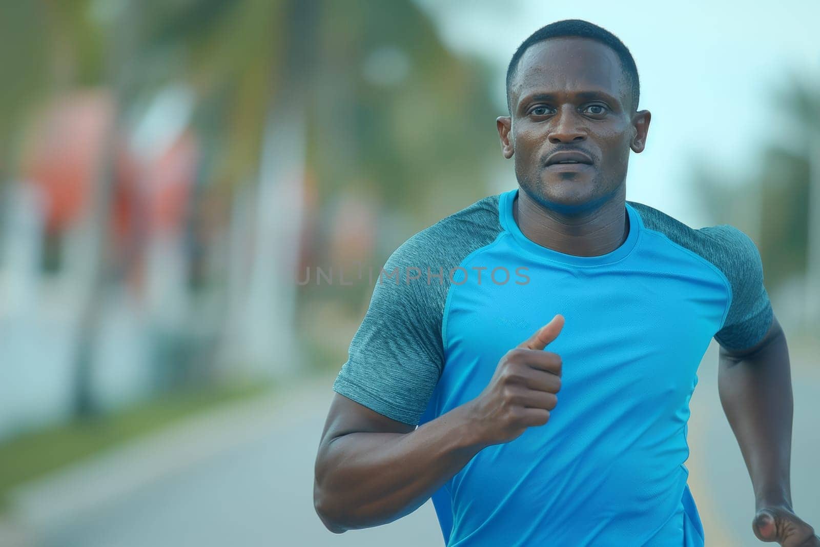 A determined African runner in a black shirt and shorts competes in an urban road race, navigating the busy city streets.