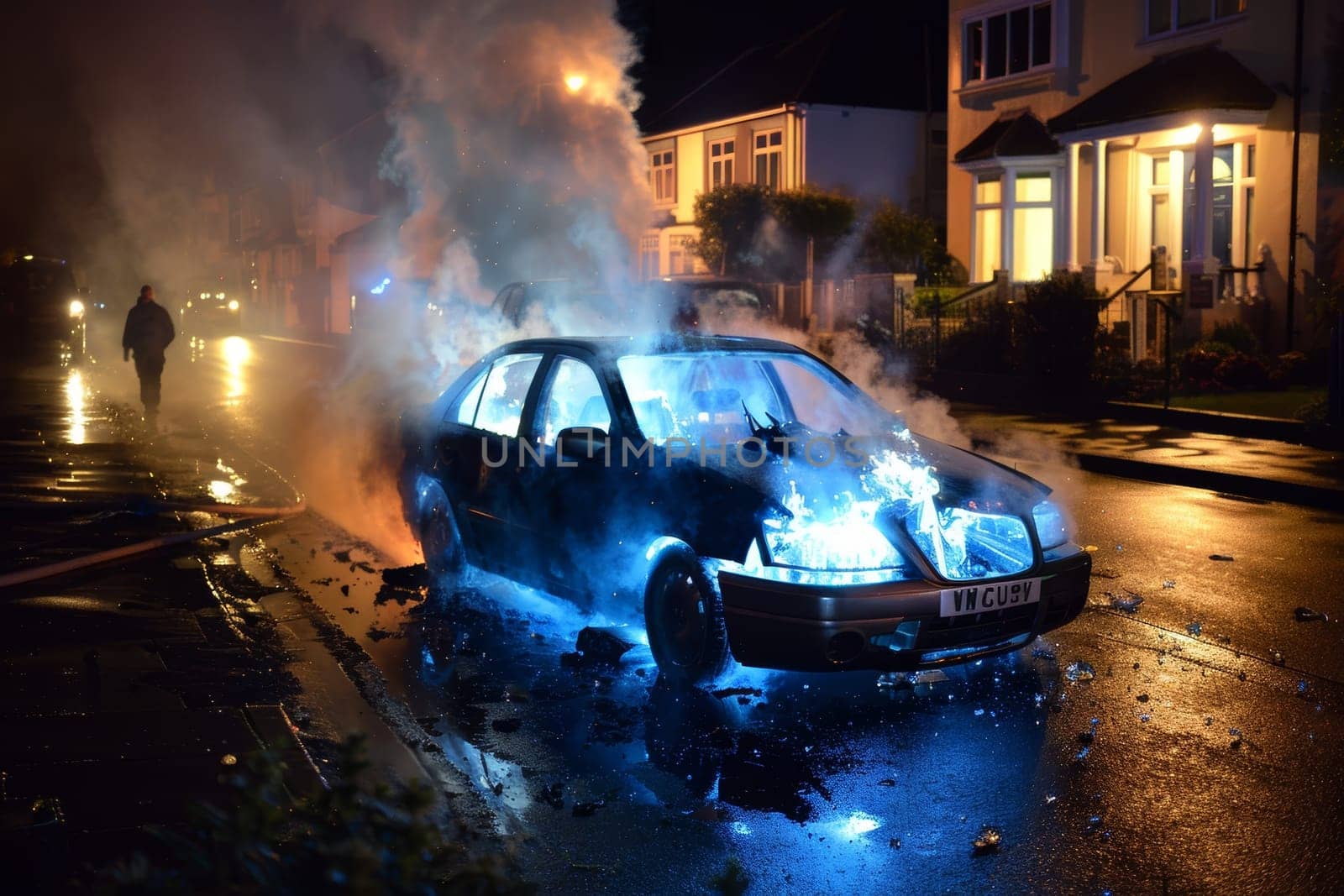 A damaged and smoking car lies in the middle of a flooded street at night, surrounded by debris and a lone pedestrian, highlighting the aftermath of a serious vehicular accident