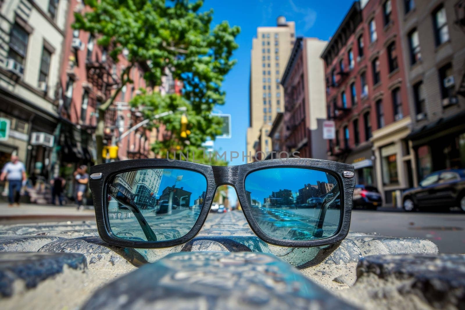 A pair of sunglasses lying casually on top of a concrete sidewalk under the sun.