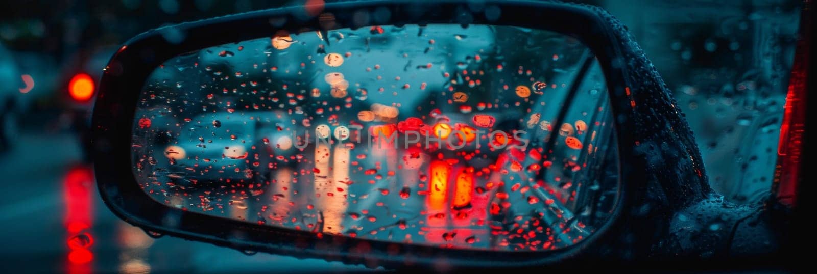The vibrant sunset is beautifully reflected in the sideview mirror of a car, creating a serene and atmospheric driving scene