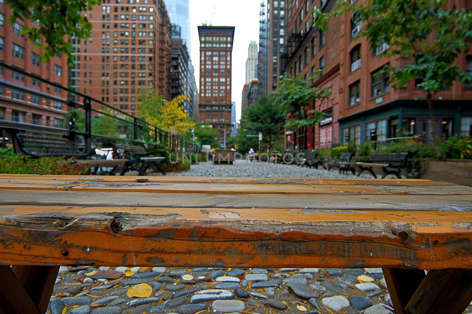 A tranquil public plaza nestled amidst the towering skyscrapers of a bustling city, offering a peaceful respite with lush greenery, benches, and pedestrian pathways.