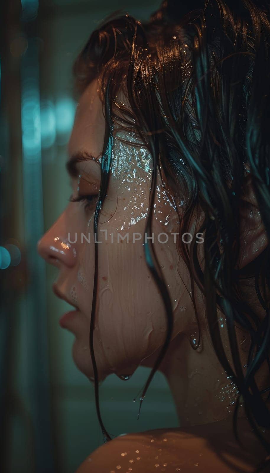 A woman with long, dark hair undergoes a pampering hair treatment, her face relaxed and serene as she experiences the rejuvenating effects of the product