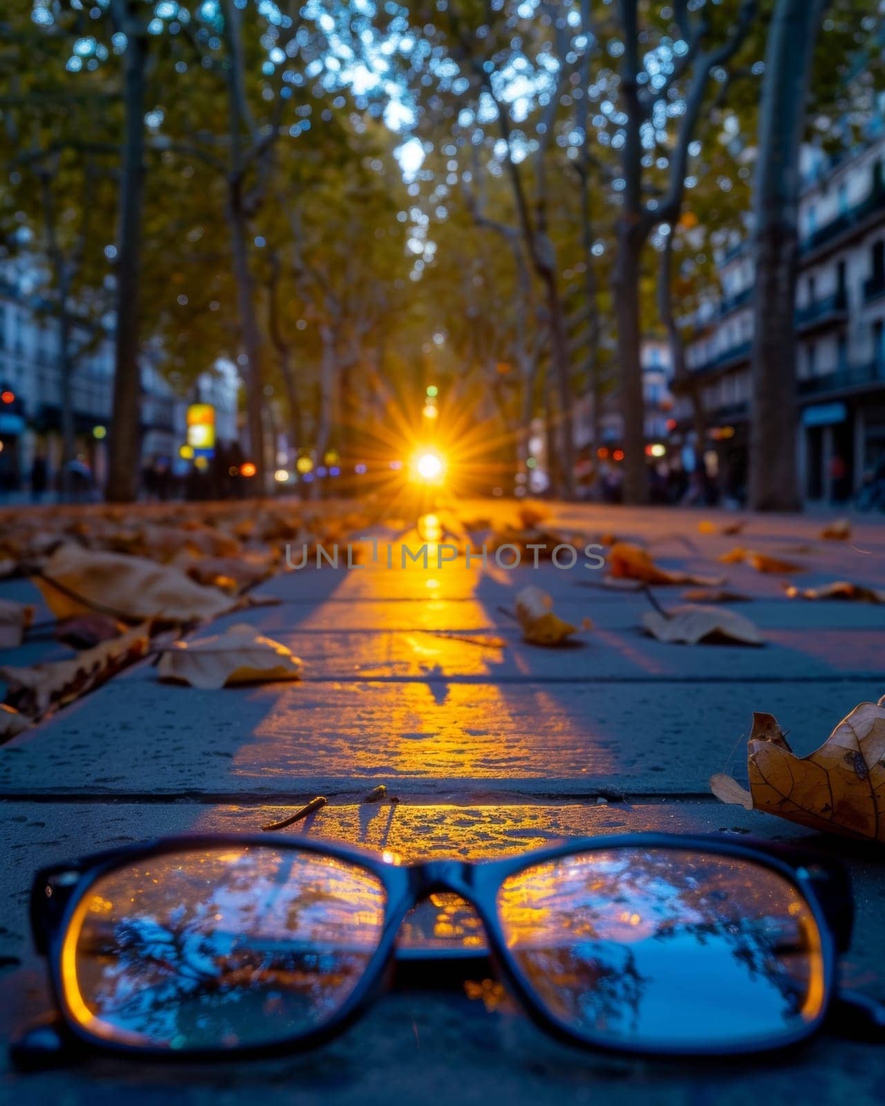 A pair of eyeglasses reflects the vibrant colors of a stunning sunset, creating a captivating and artistic image that captures the beauty of nature and the power of light.