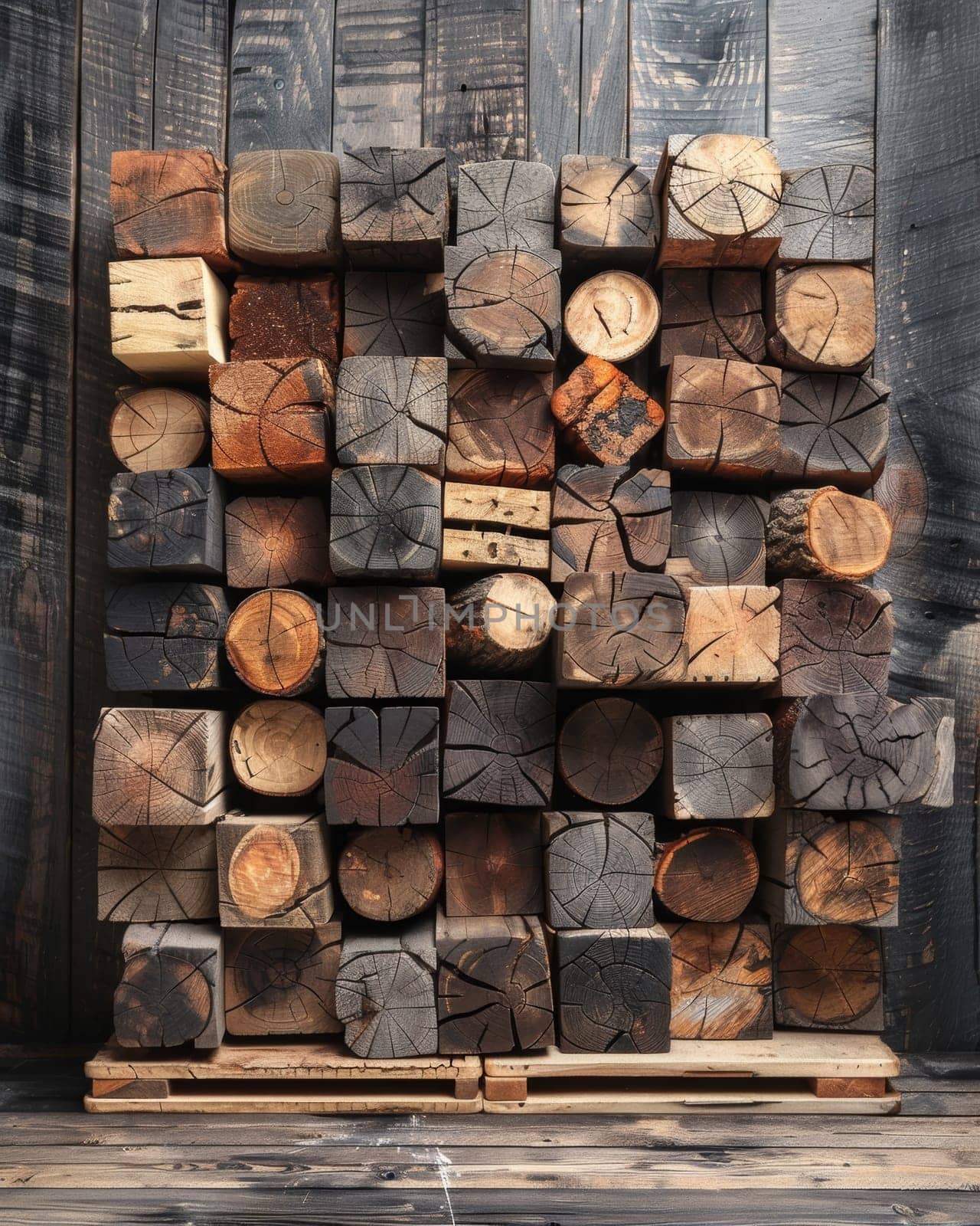 A collection of weathered wooden blocks showcasing the natural grain and intricate patterns formed by the growth rings, creating a captivating textural display