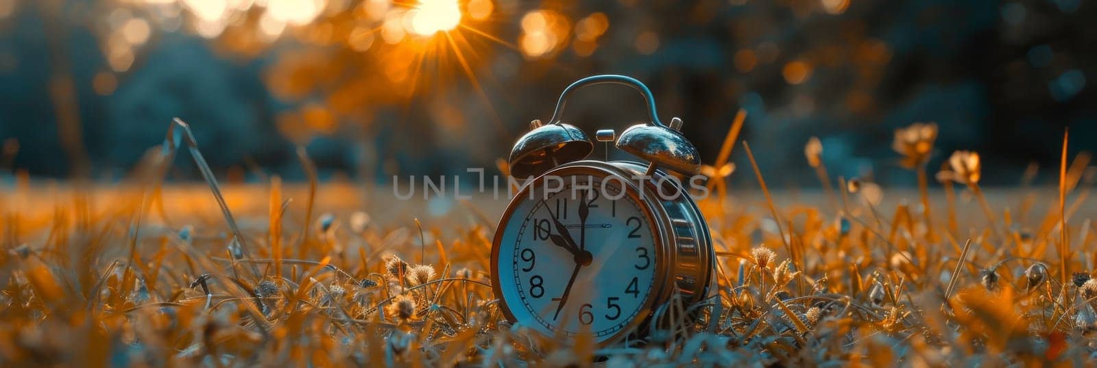 A classic alarm clock sits in a field of golden flowers, bathed in the warm glow of the setting sun, creating a serene and tranquil scene.