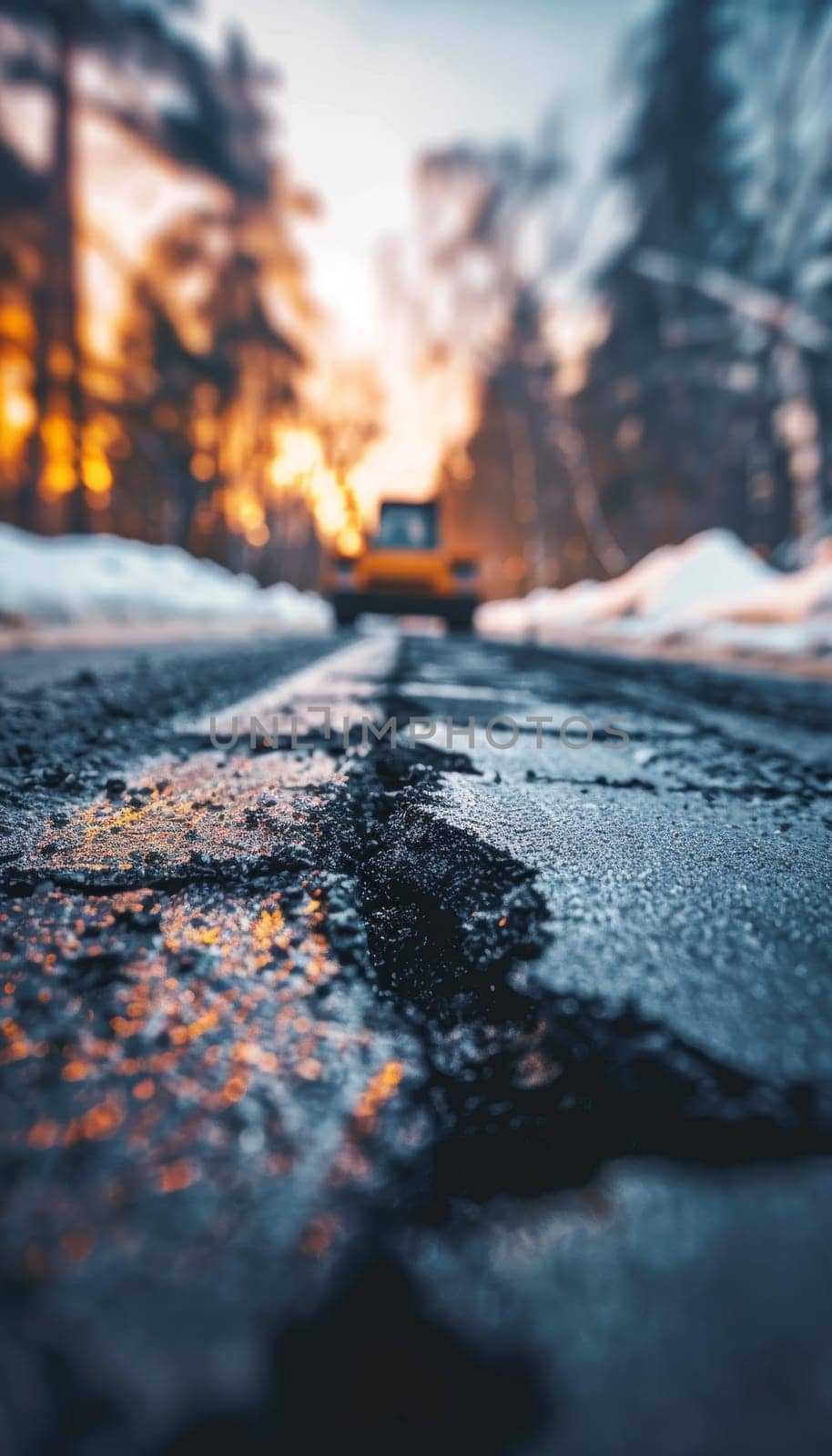 A low-angle view of a cracked asphalt road in winter with a blurred construction vehicle and trees in the background, captured during a sunset or sunrise