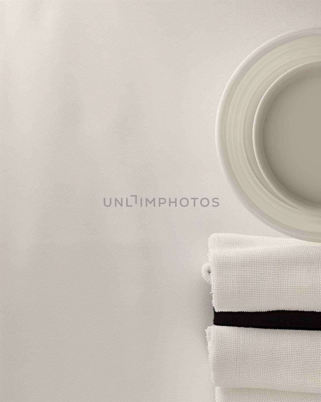 A simple, elegant arrangement of white ceramic plates and bowls set against a plain, off-white background, creating a serene and calming visual composition