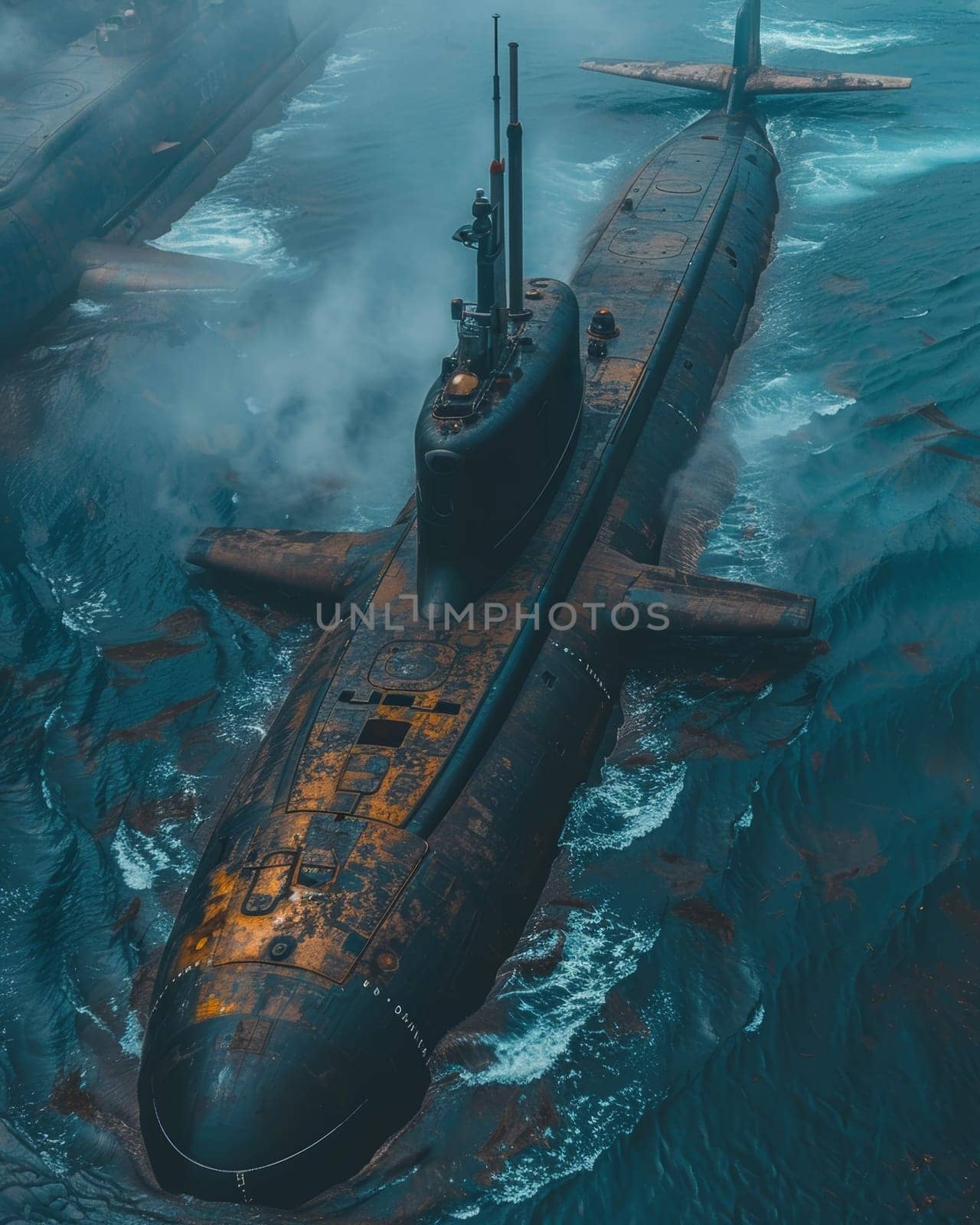 A rugged and weathered military submarine navigates the turbulent, foaming waters of a stormy ocean, conveying a sense of power, resilience and the harsh realities of naval operations