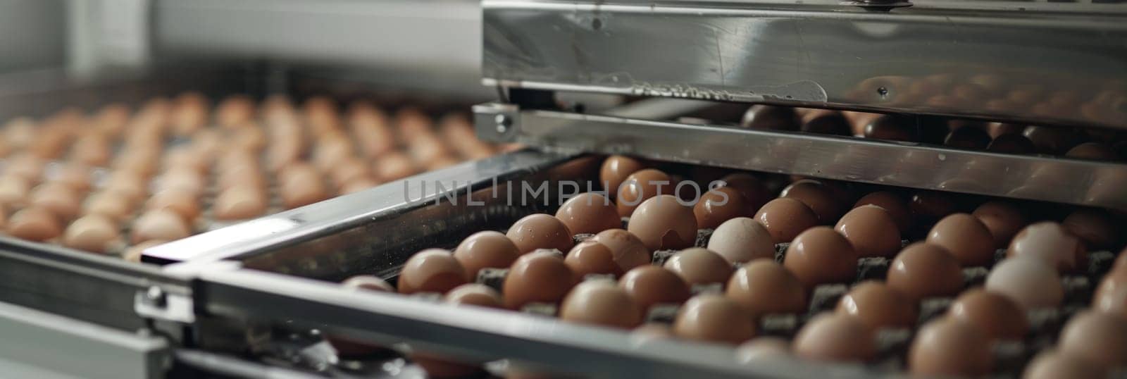 A tray filled with freshly baked eggs sits in a commercial kitchen, ready to be served. The eggs have a golden-brown hue, indicating they have been perfectly cooked