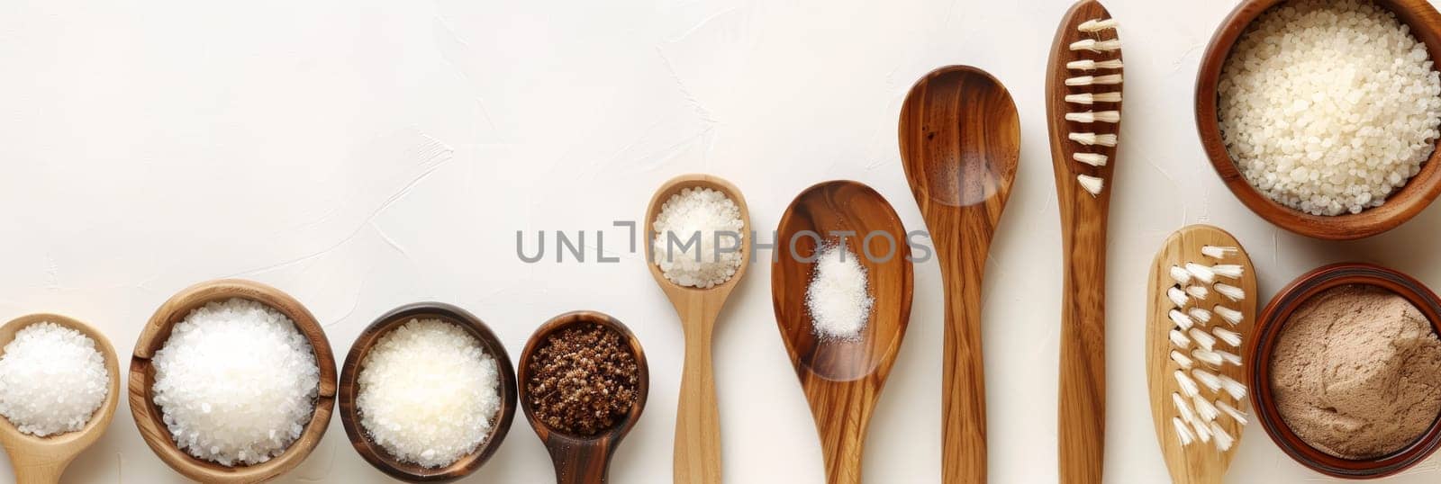 A row of wooden spoons and bowls with various spices and salt. The spoons are arranged in a line, with some closer to the front and others further back
