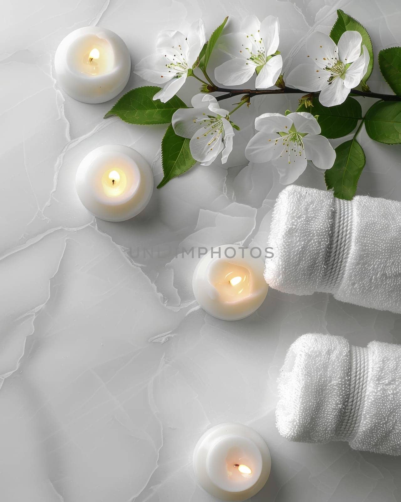 A tranquil spa-like setting with glowing candles, delicate white flowers, and soft towels, creating a calming and rejuvenating atmosphere