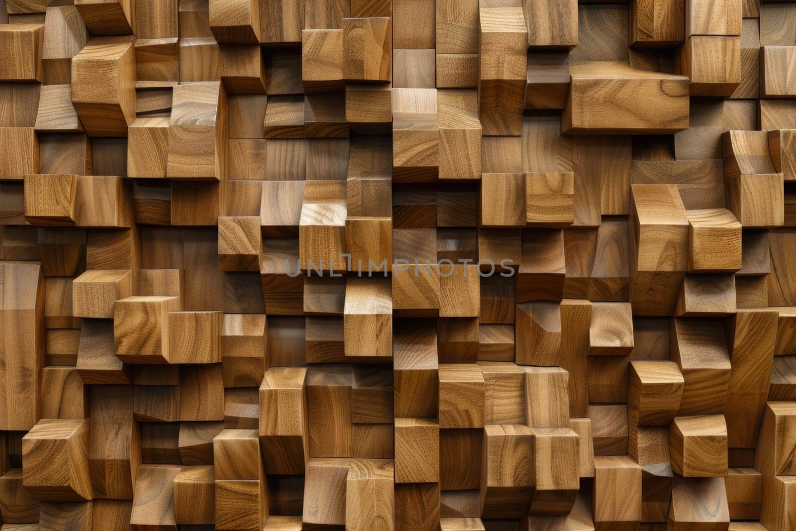 An abstract, geometric wall art piece composed of interlocking wooden blocks in various shades of beige, creating a visually striking and textural display.