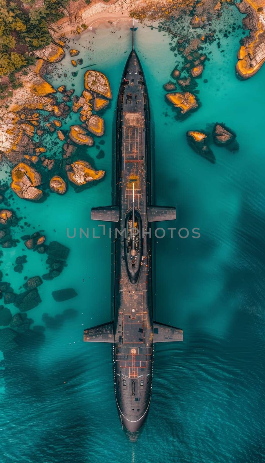 A striking military submarine emerges from the vibrant turquoise waters, surrounded by dramatic rock formations and lush vegetation on the coastline