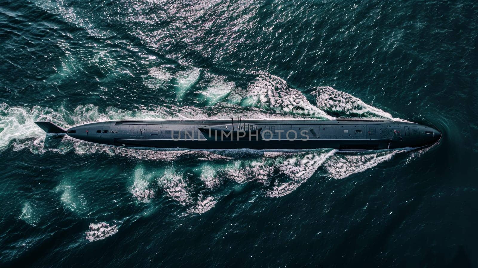 A sleek and formidable military submarine gracefully navigates the vibrant turquoise waters, leaving a trail of white-capped waves in its wake as it cuts through the serene ocean expanse