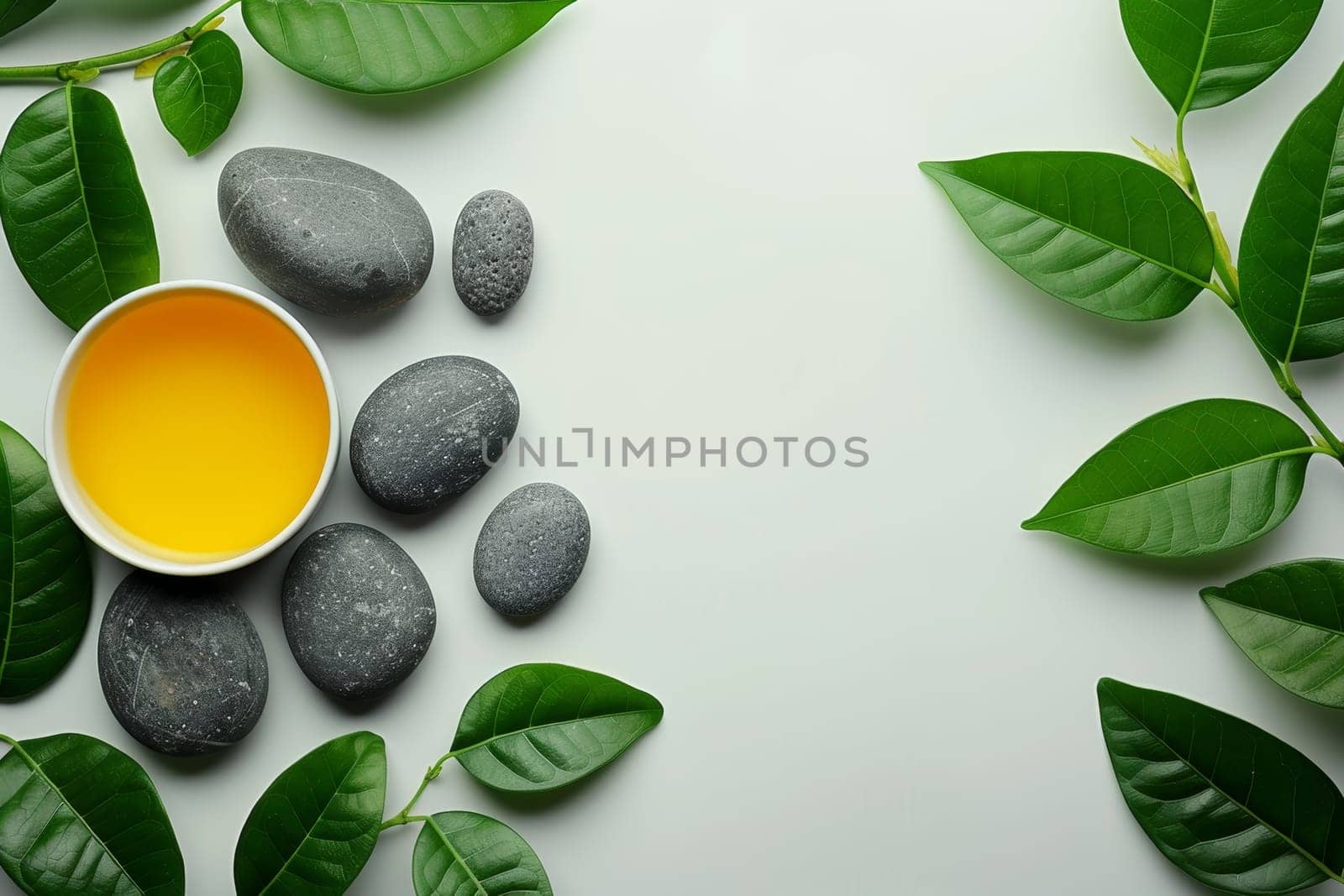 A white bowl with yellow liquid and a bunch of rocks on a table. The scene has a calming and relaxing mood, as the rocks