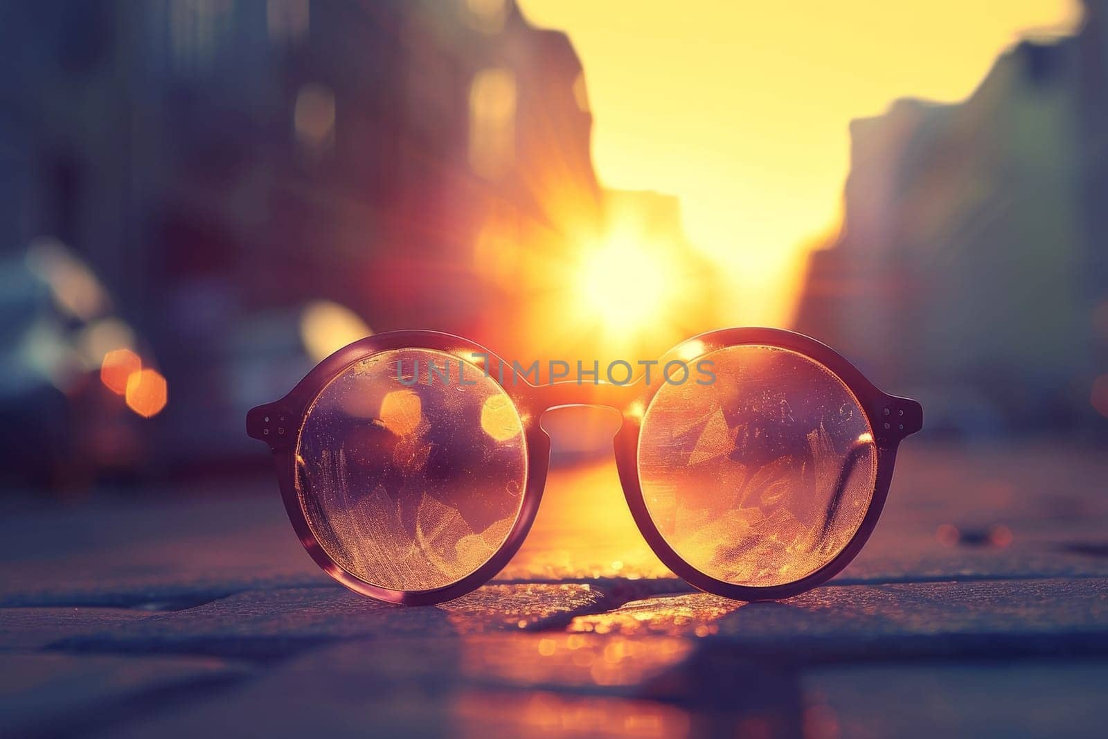 A pair of eyeglasses reflects the vibrant colors of a stunning sunset, creating a captivating and artistic image that captures the beauty of nature and the power of light.