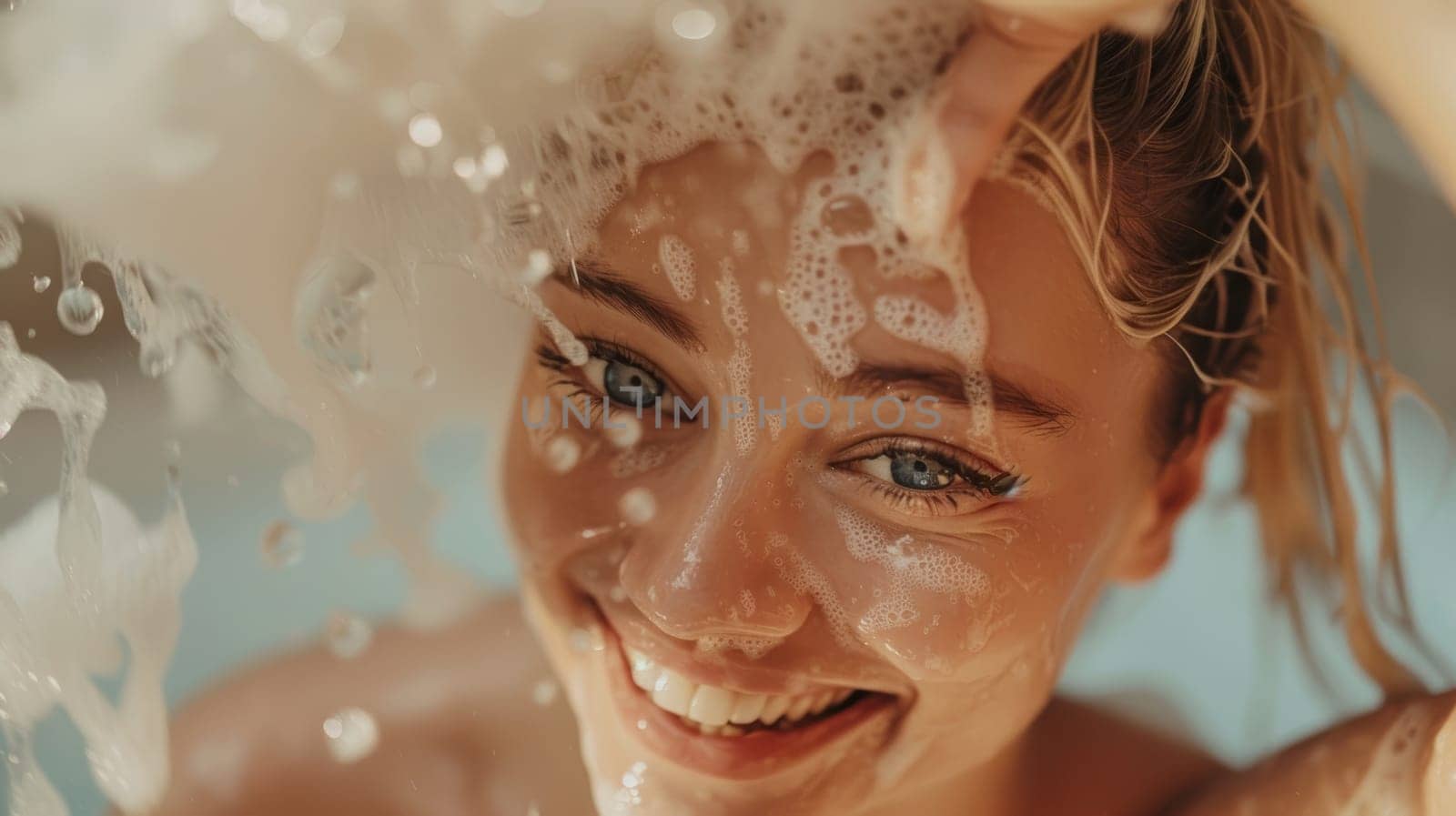 A young woman with freckles and a bright smile revels in the refreshing sensation of a warm shower, her eyes closed in blissful contentment