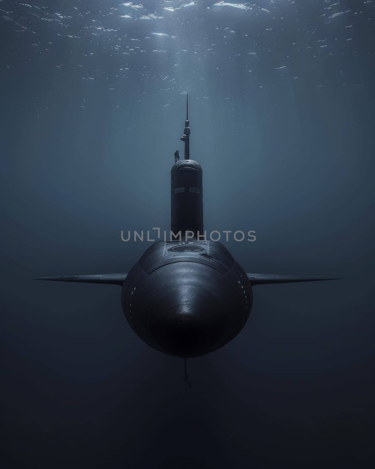 A formidable and ominous-looking submarine emerges from the depths, its sleek black silhouette cutting through the dark, mysterious waters