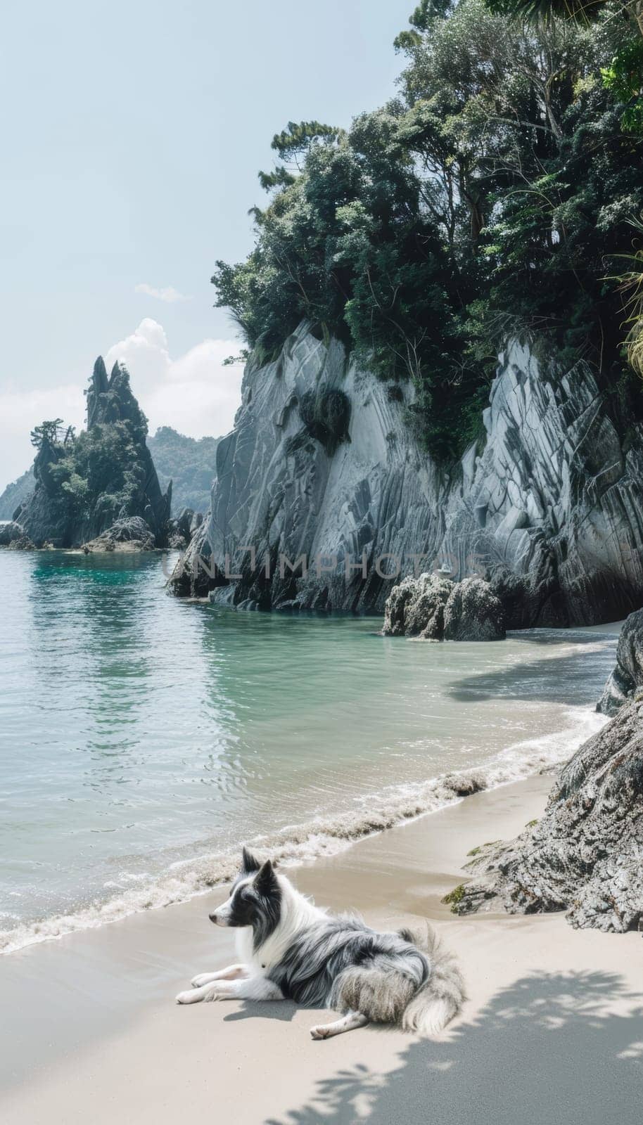 A tranquil cove with towering, rocky cliffs is framed by lush, verdant foliage. In the foreground, a playful dog relaxes on the sandy shore, creating a serene and picturesque scene