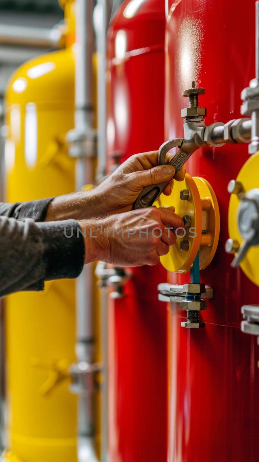 A worker in a hard hat and safety gear adjusts a valve on a large, red industrial equipment unit
