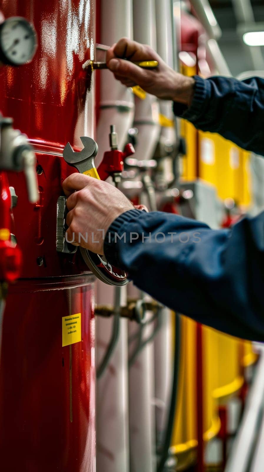 Hands of a technician using a wrench to repair a red industrial machine or equipment, surrounded by a yellow and red environment