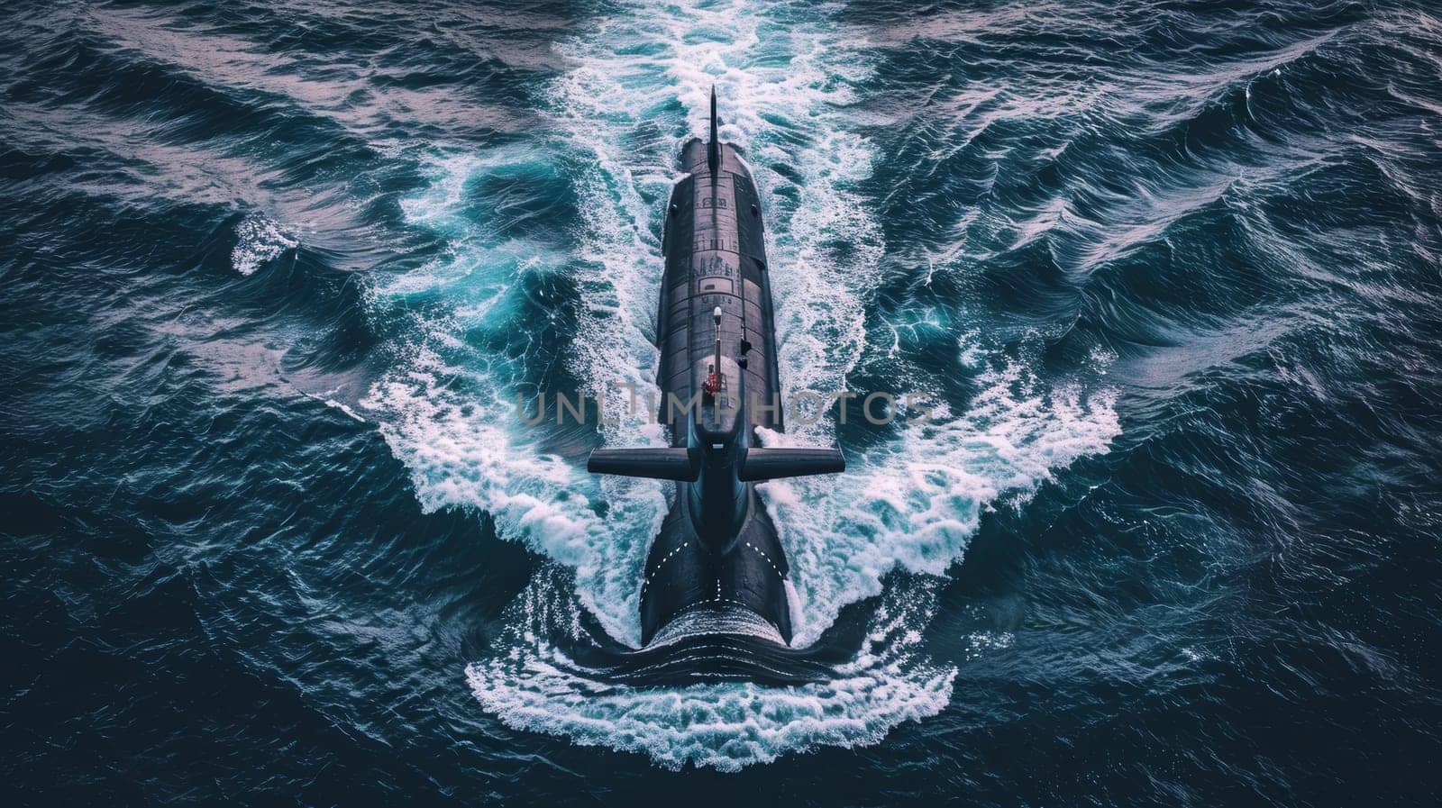 A powerful submarine slices through the turbulent waters, its sleek silhouette cutting through the crashing waves with precision and force
