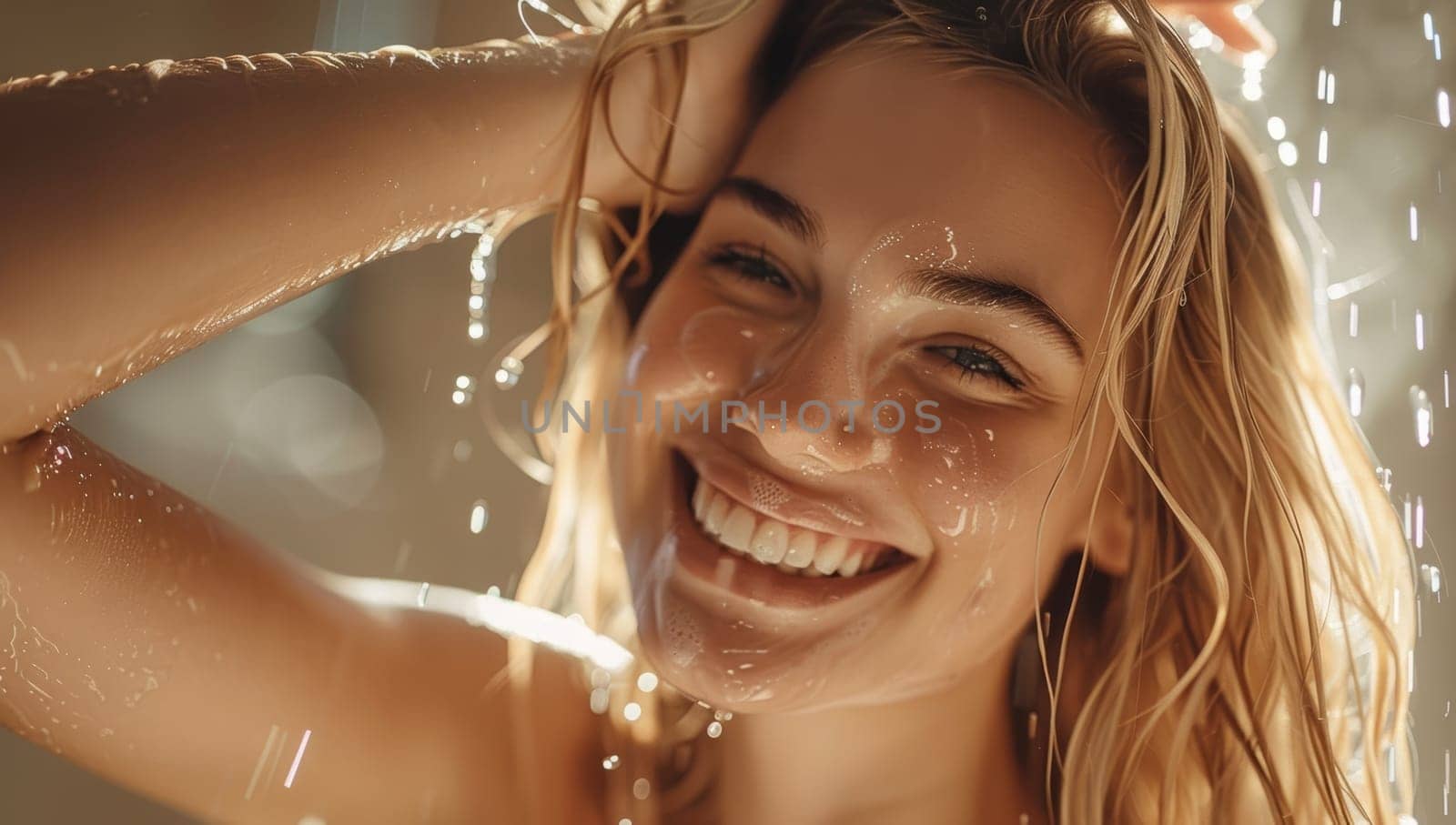 A young woman with a contagious smile revels in the sensation of a heavy rainfall, her eyes closed and face uplifted in a moment of pure bliss and freedom