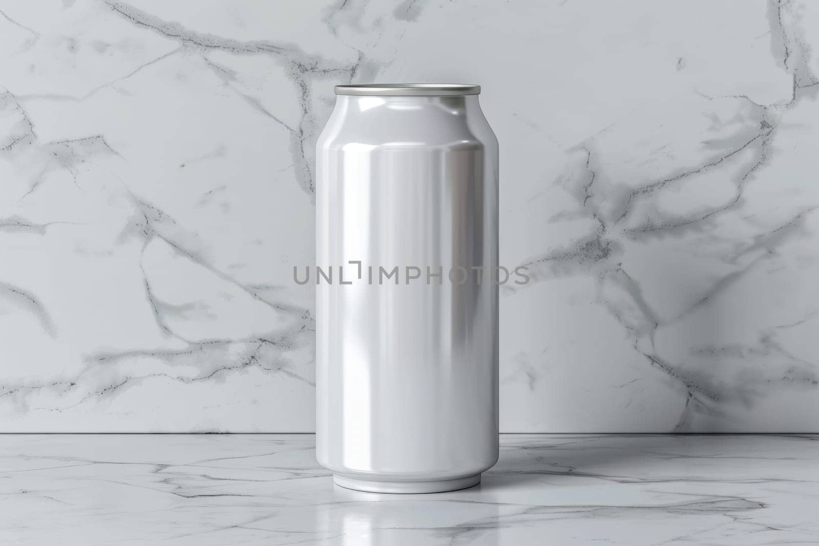 A simple, clean-lined white beverage can stands out against a sleek, marble-patterned background, creating a sophisticated and visually appealing product composition