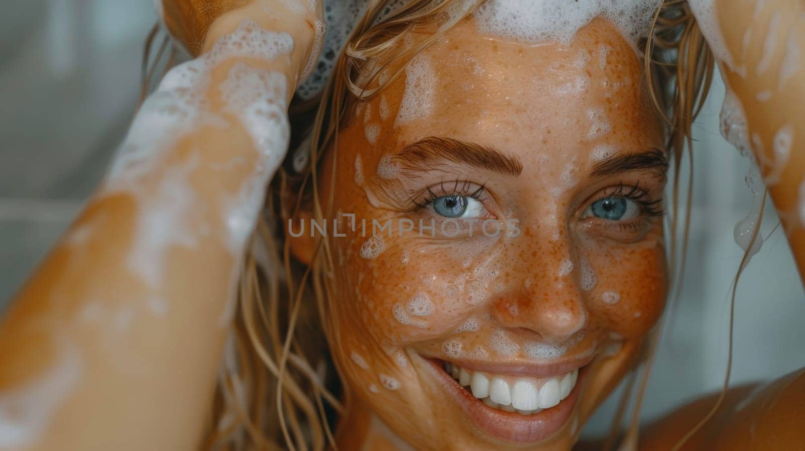 A joyful woman with vibrant red hair grins as she embraces the rain, her face illuminated by a sense of pure delight and childlike wonder