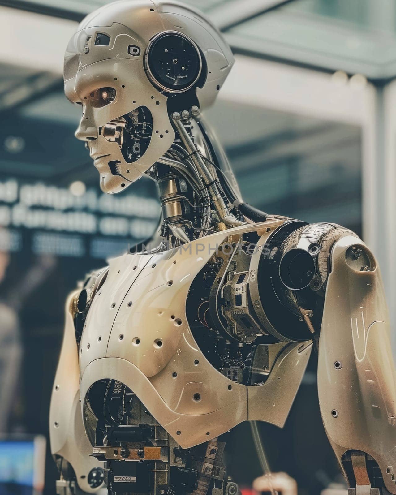 A close-up view of an intricately designed robotic face, revealing its complex mechanical components and sensors, conveying a sense of advanced technological innovation