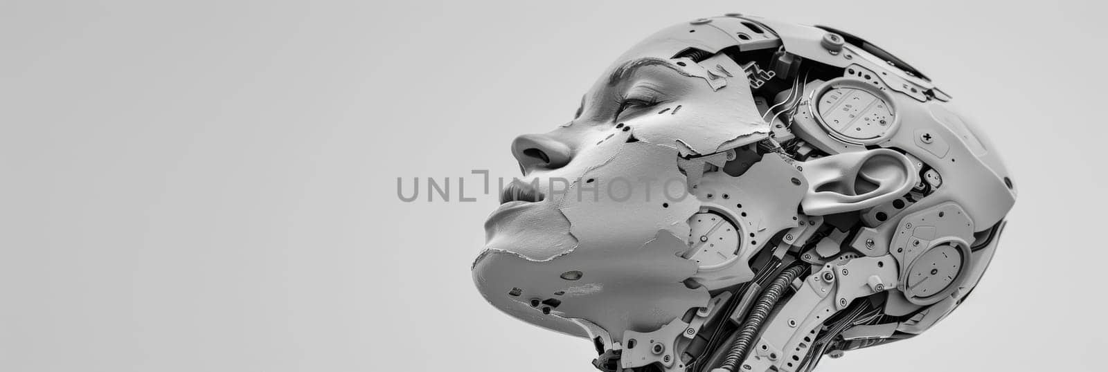 A highly detailed, futuristic robotic face displays a contemplative, almost pensive expression, conveying a sense of advanced technological innovation and introspection