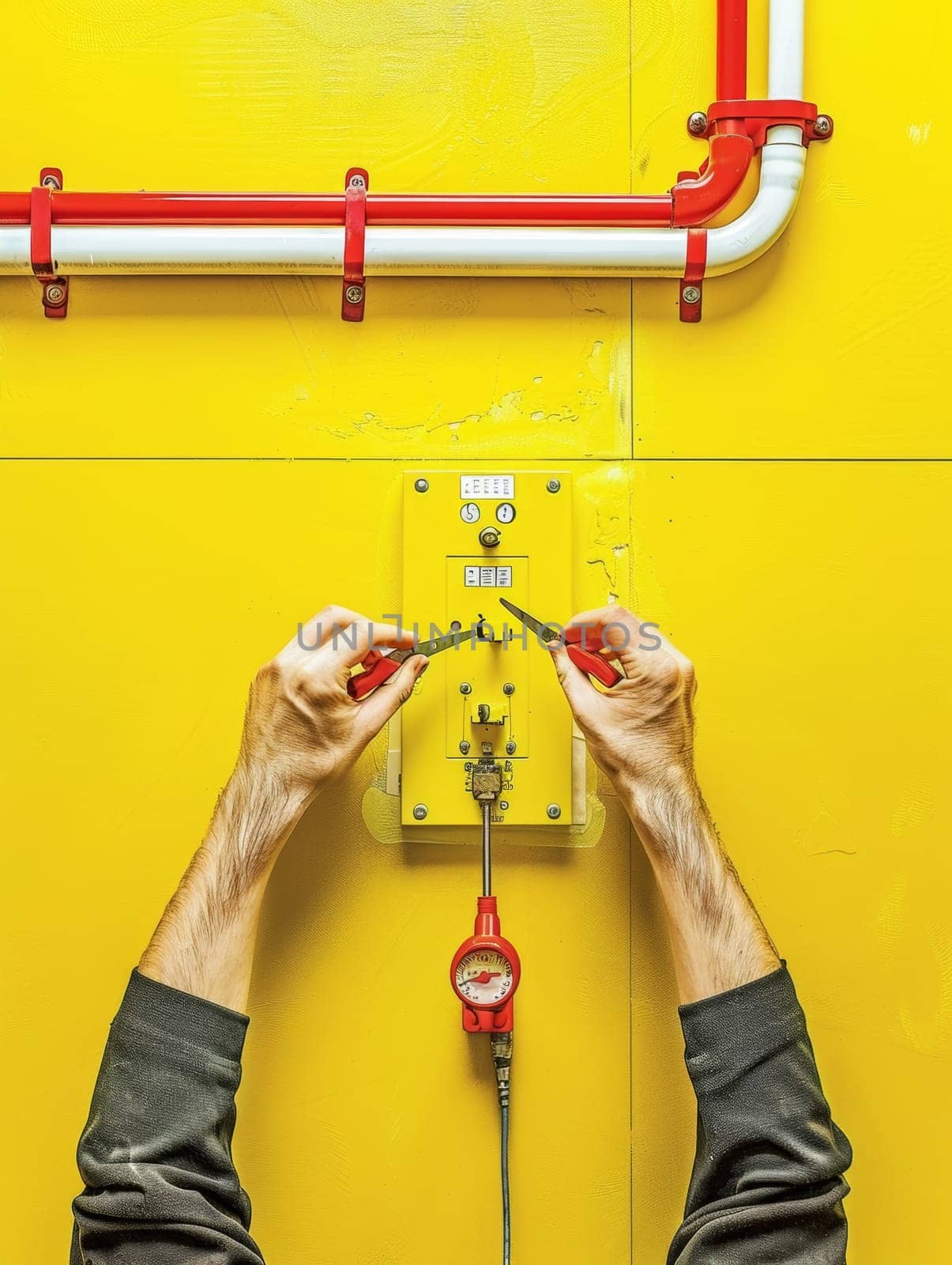 A technician carefully cuts and strips electrical wires using pliers, against a bright yellow backdrop