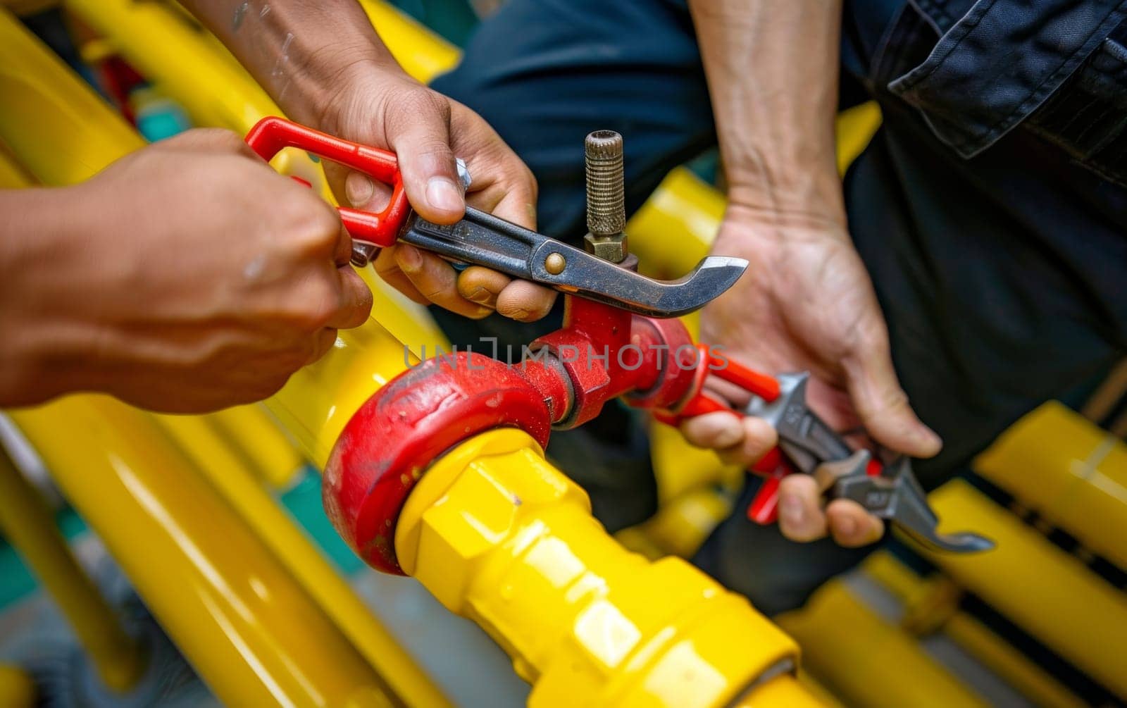 Close-up of a person's hands adjusting the jaws of a red pipe wrench, preparing to use it on a yellow pipe