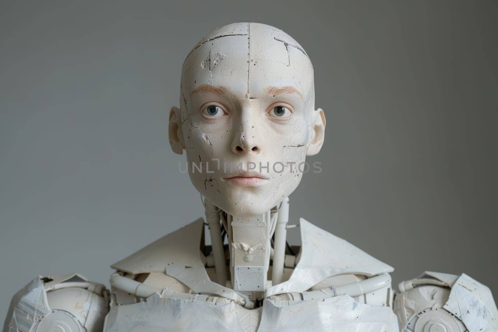 A close-up view of highly detailed, futuristic robotic face, showcasing its intricate mechanical components, sensors, and sleek metallic design, conveying a sense of advanced technological innovation