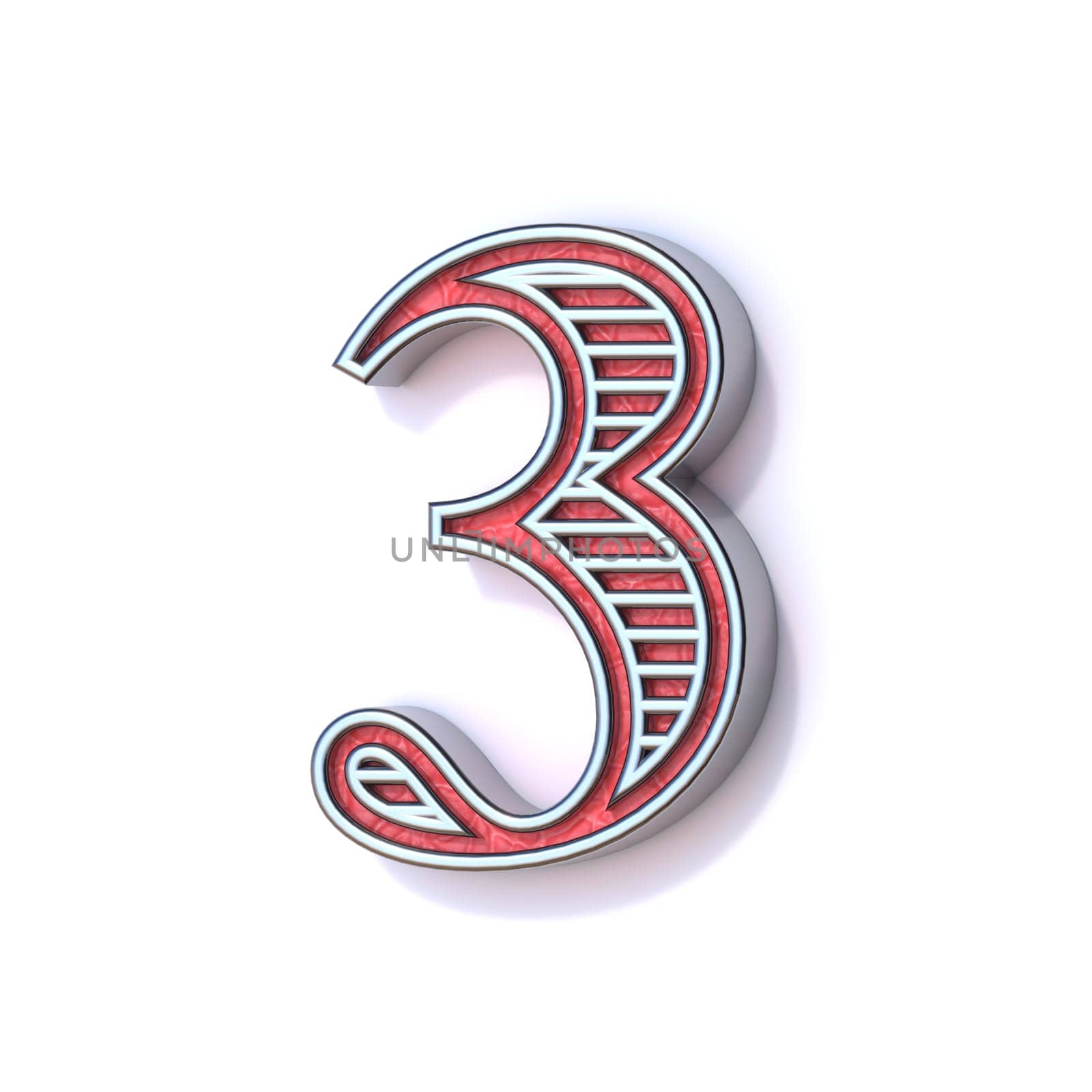 Red silver festive font Number 3 THREE 3D rendering illustration isolated on white background
