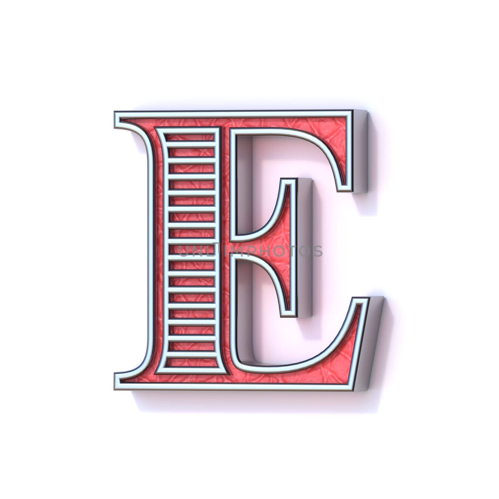 Red silver festive font Letter E 3D rendering illustration isolated on white background