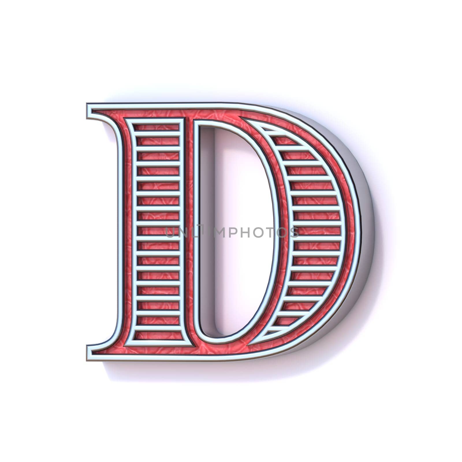 Red silver festive font Letter D 3D rendering illustration isolated on white background