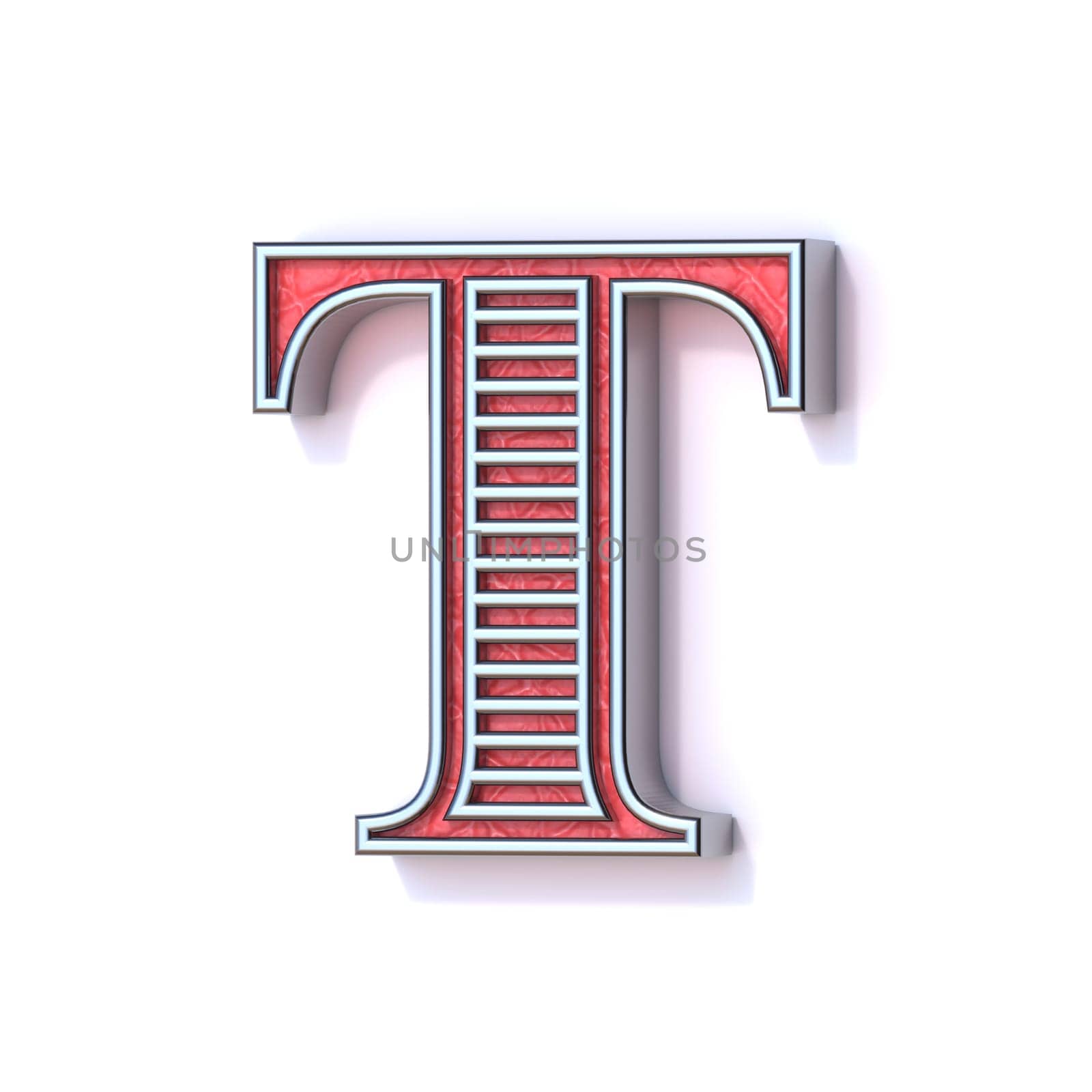 Red silver festive font Letter T 3D rendering illustration isolated on white background