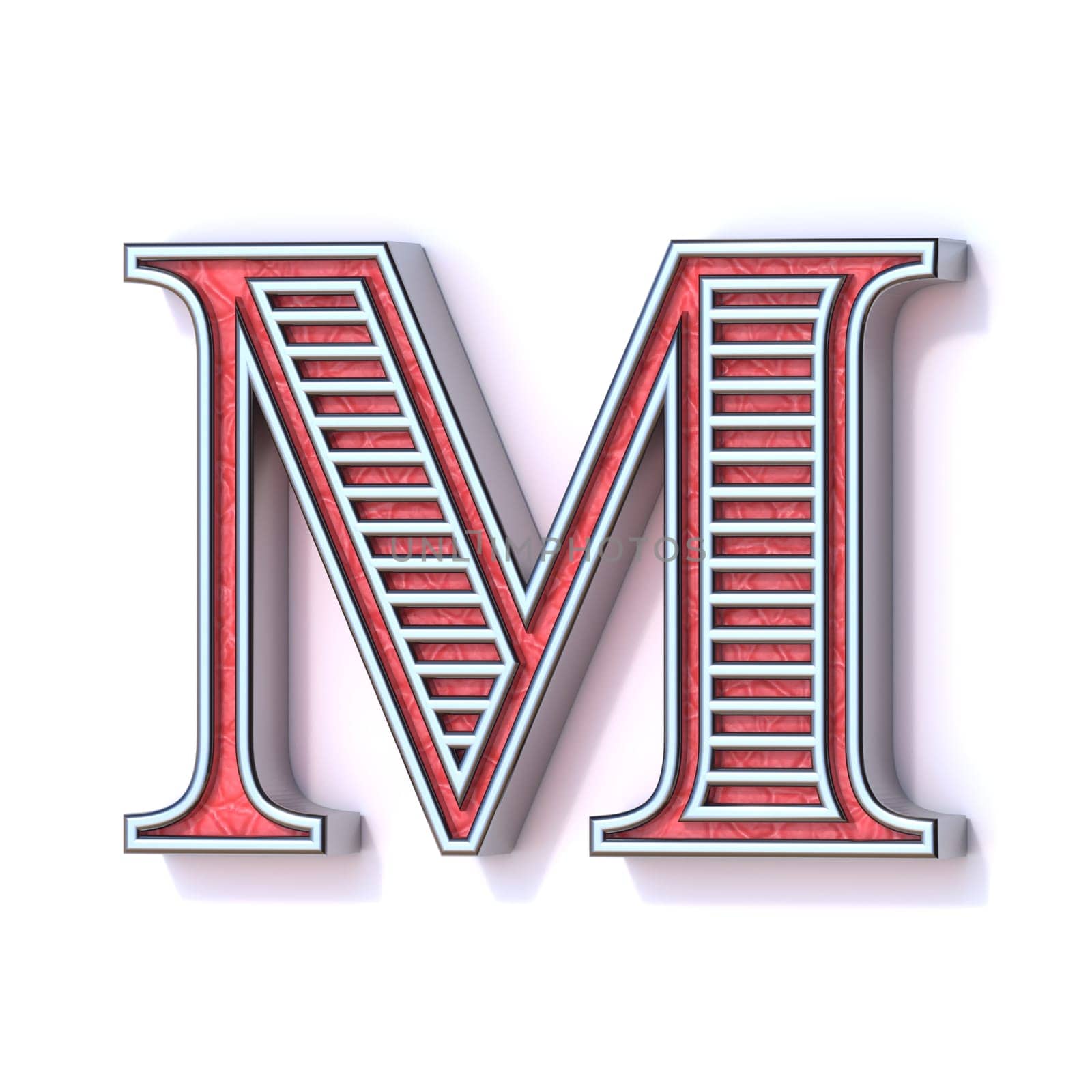 Red silver festive font Letter M 3D rendering illustration isolated on white background
