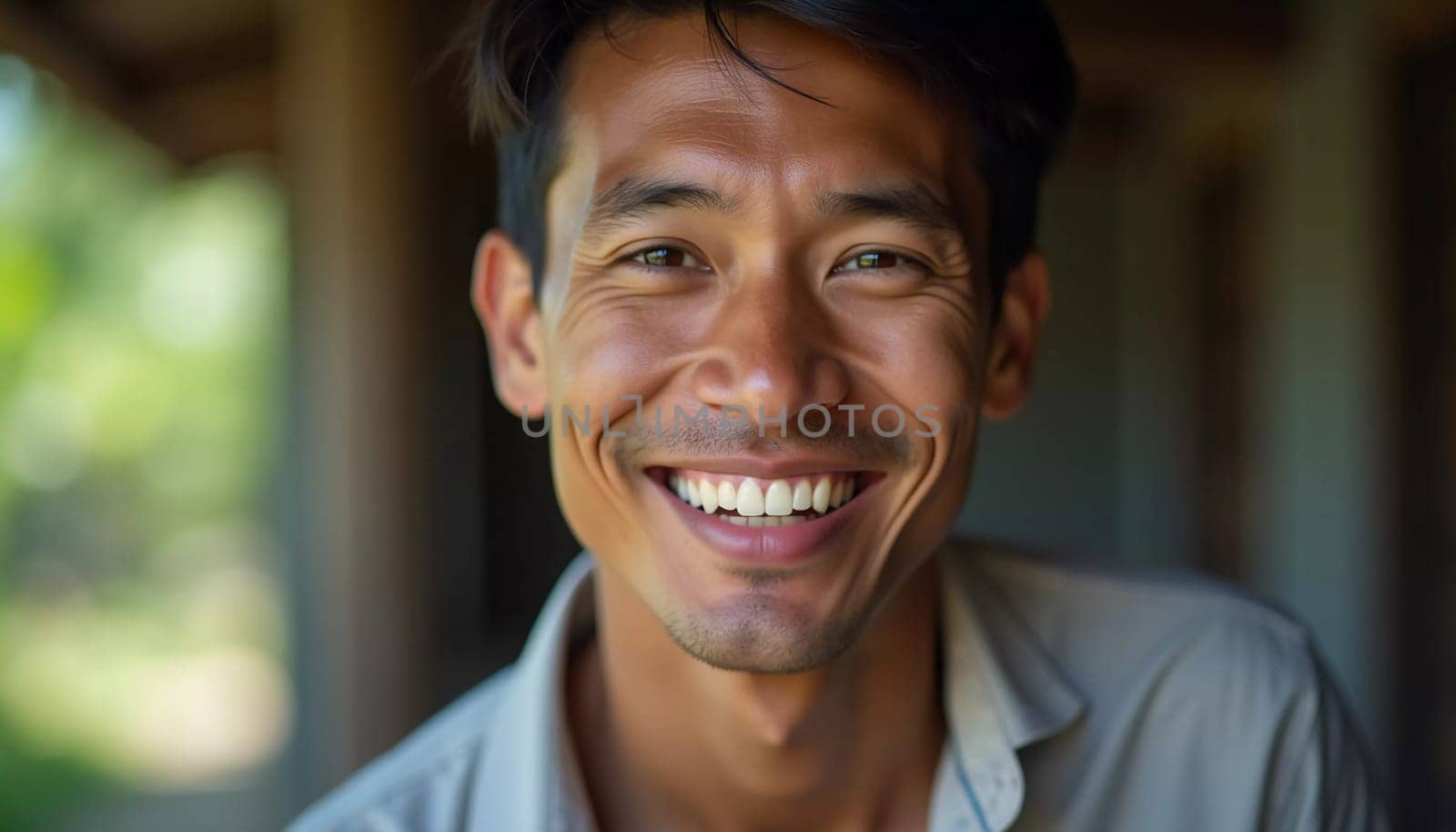 A joyful resident of Thailand smiles brightly, capturing the warmth of the day. The lush surroundings enhance his cheerful demeanor, reflecting happiness and community spirit.