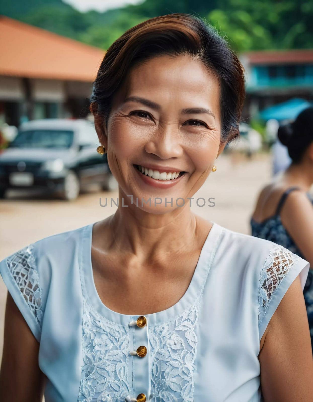A cheerful woman in her 50s stands smiling in a lively outdoor scene in Thailand, surrounded by people and beautiful lush greenery. She radiates warmth and joy.