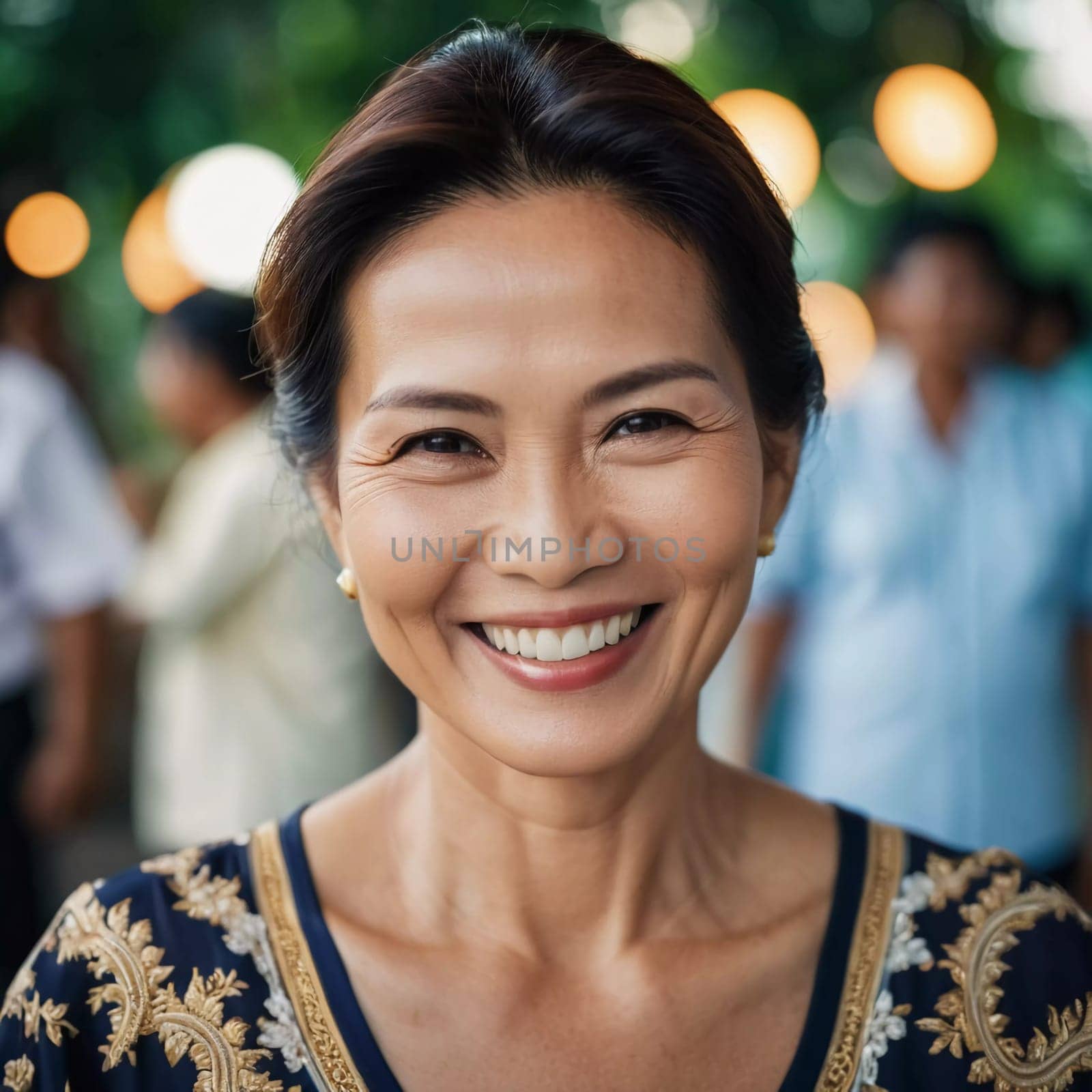 A joyful woman from Thailand smiles brightly while surrounded by friends in a cheerful outdoor setting. Warm lights create an inviting ambiance as she engages in lively conversation.